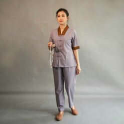 Bộ Quần Áo Phật Tử Nữ Cổ Chữ Y Thêu Như Ý Màu Xám, Size: XS, S, M, L