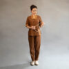 Bộ Quần Áo Phật Tử Nữ Cổ Chữ Y Thêu Như Ý Màu Nâu, Size: XS, S, M, L