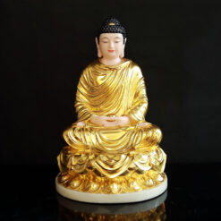 Tượng Thích Ca Tĩnh Tâm Ngồi Đài Sen Bằng Bột Đá Dát Vàng 998, Cao 48cm